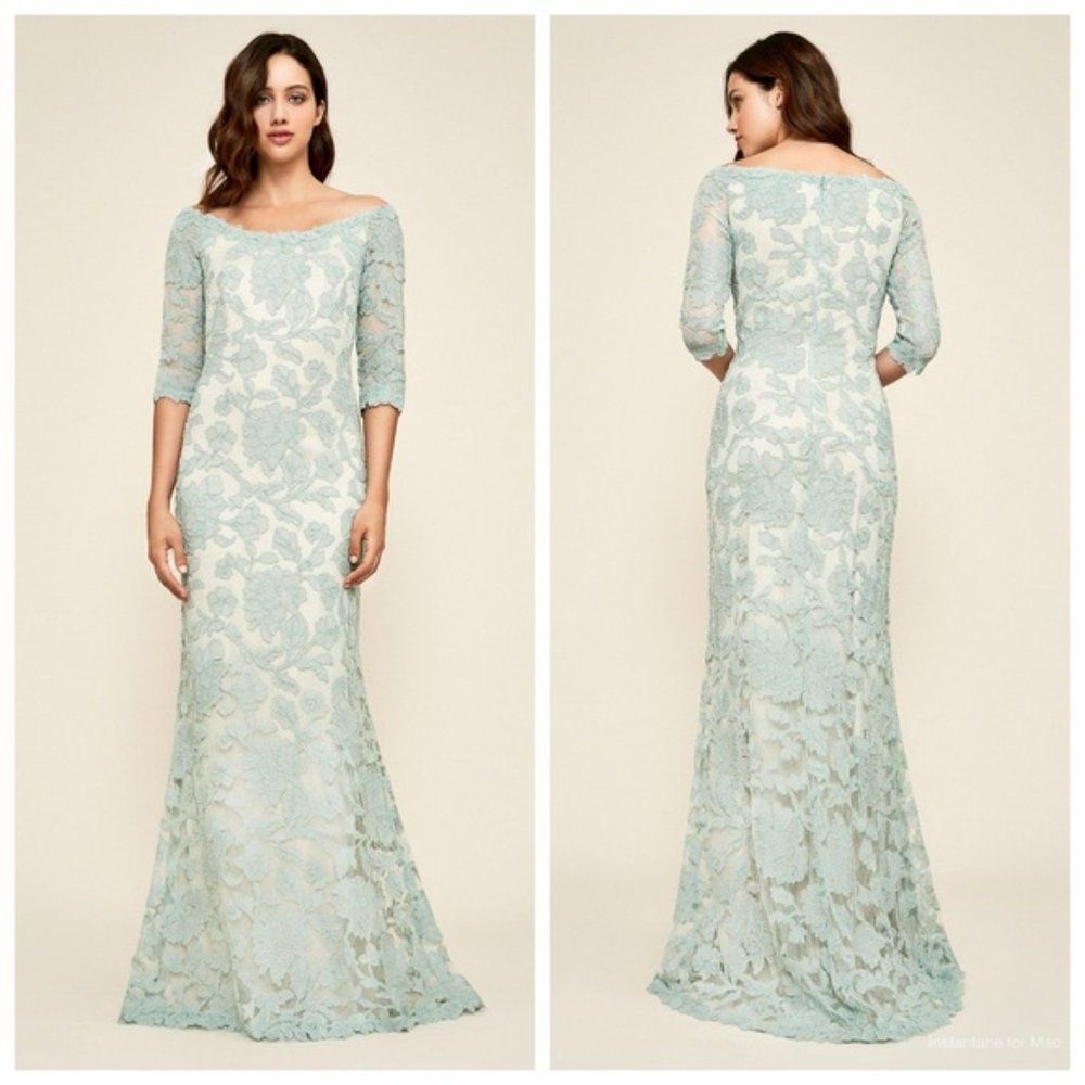 Tadashi Shoji Embroidered Boat Neck Mermaid Gown